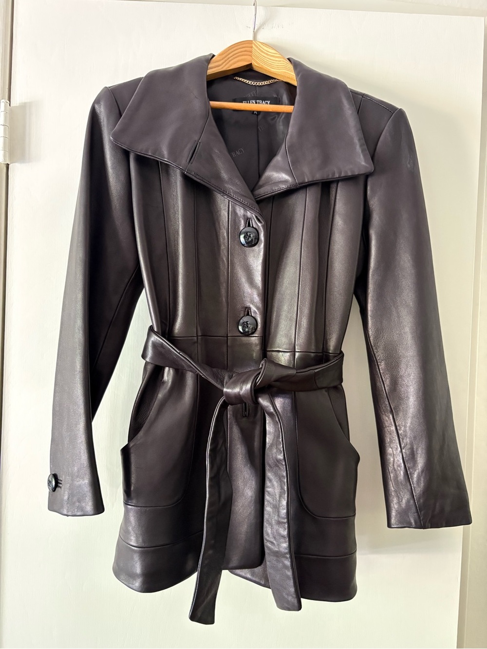 Ellen Tracy Women's Black Leather Trench Coat/Car Coat with Belt